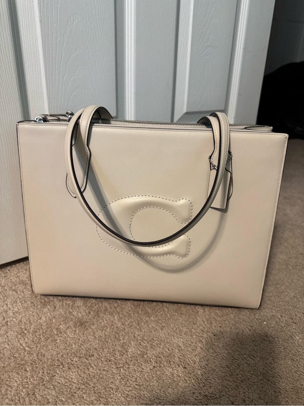 Coach Cream Leather Structured Tote with Signature Stitch
